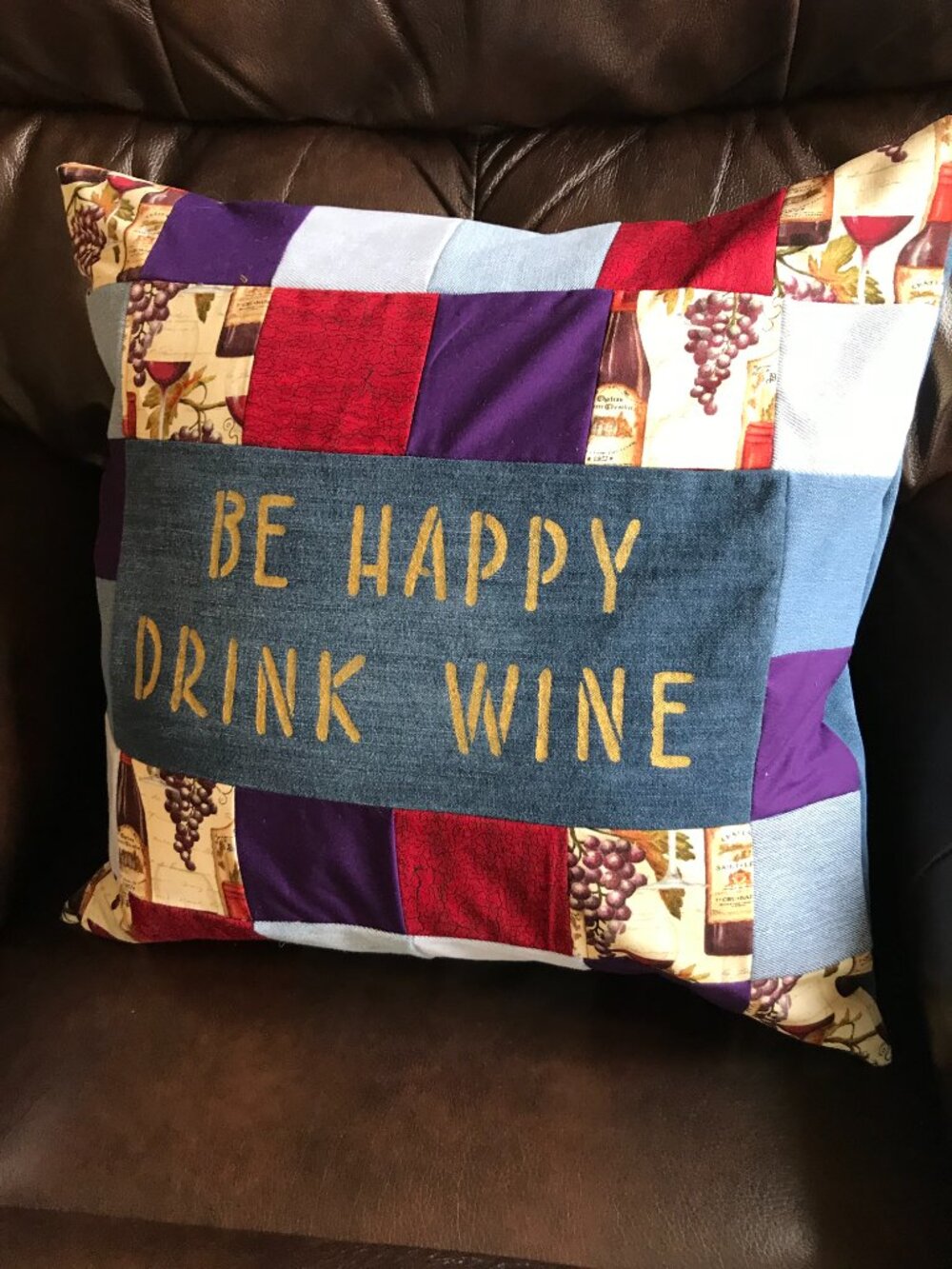 Wine Pillow Cover, 18 x 18, Handmade Vino Home Decor Patchwork Recycled Fabric